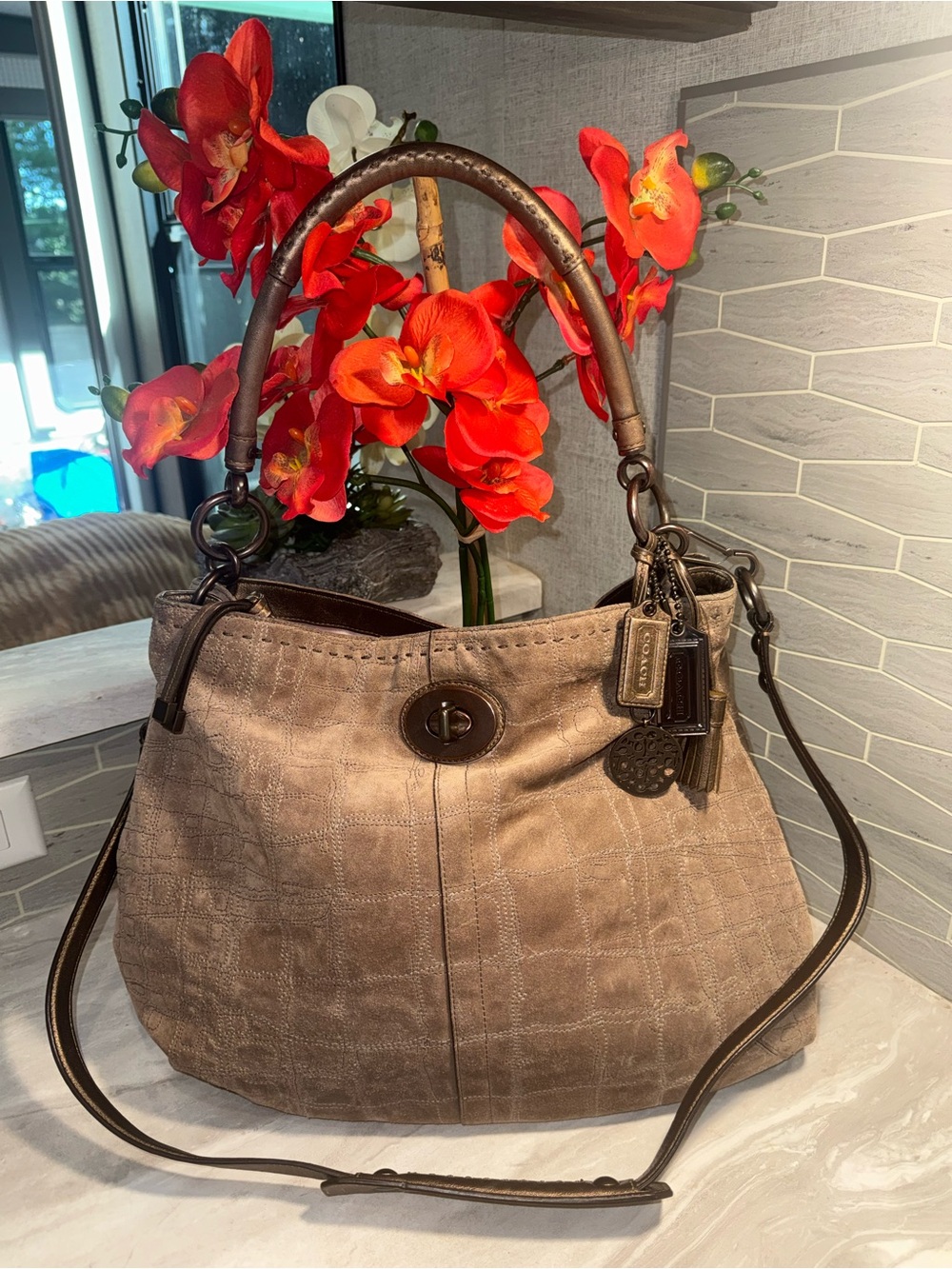 Coach $689 Suede Shoulder & Crossbody Beautiful Accents & 4 Original Hang Tags